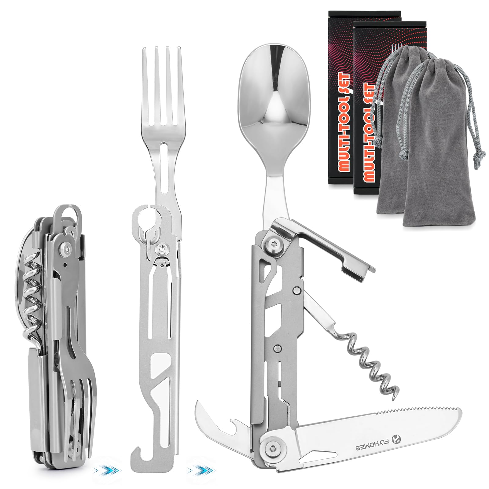 FLYHOMES 6 in 1 Camping Utensils Set Camping Fork Spoon Knife Combo Detachable Camping Flatware Set Portable Utensils for Outdoor Camping Hiking (2 PCS)…
